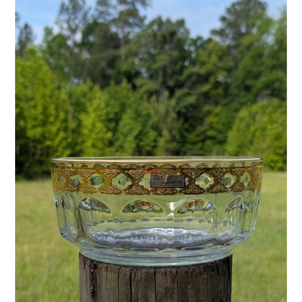 Culver Valencia 22K Gold Filigree Salad Bowl MCM Green 8 3/4" Glass France 1960s